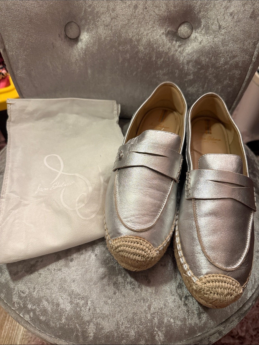Sam Edelman Metallic Silver Leather Espadrille Loafers